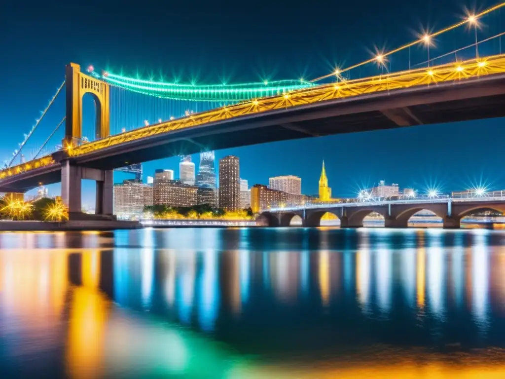 Vibrante fotografía de larga exposición capturando el movimiento del agua y puentes en la ciudad de noche