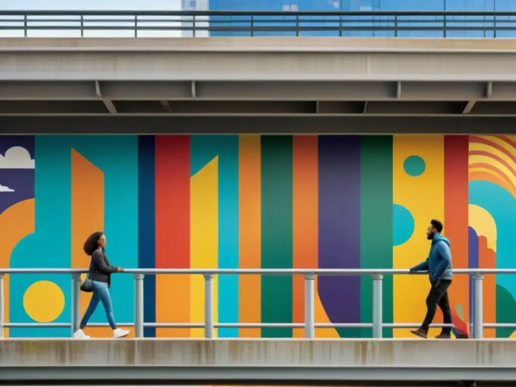 Vibrante mural en pilares de puente urbano retrata diversidad y armonía