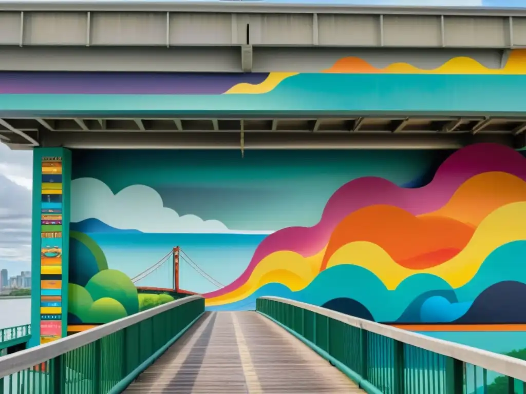 Vibrante mural en puente emblemático fusionando cultura urbana con elementos naturales