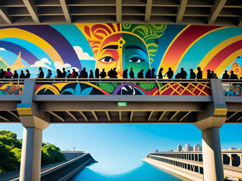 Un vibrante mural bajo un puente urbano