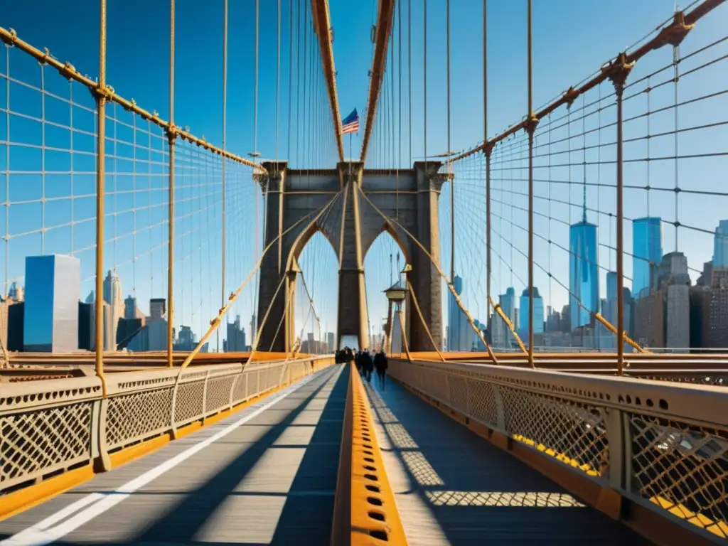 Una vibrante pintura al óleo que muestra el majestuoso puente de Brooklyn y el horizonte de la ciudad de Nueva York