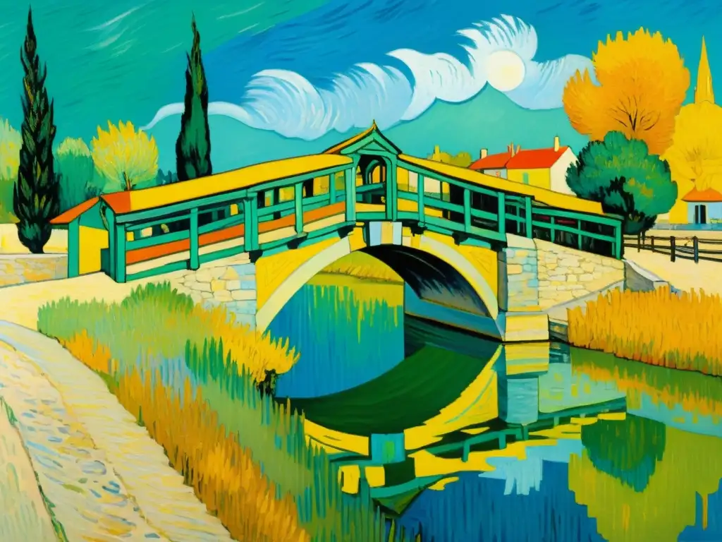 Vibrante pintura de Vincent van Gogh, Puente en Arlés, con colores intensos y pinceladas detalladas