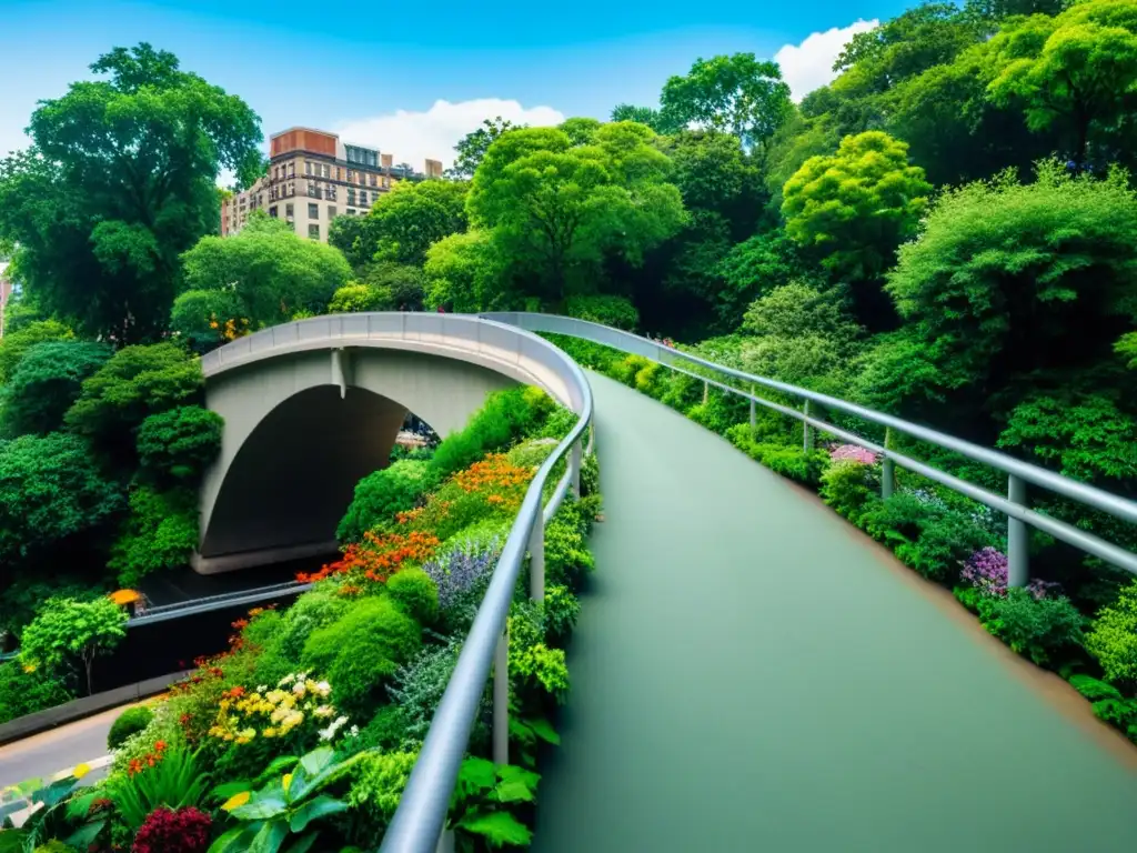 Un vibrante puente urbano cubierto de exuberante vegetación, conectando la naturaleza con la ciudad