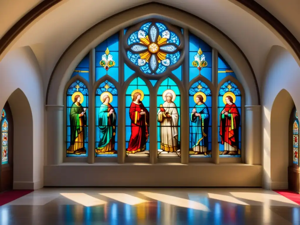 Vibrante ventana de vitral en catedral histórica, mostrando la luz solar creando patrones en el suelo