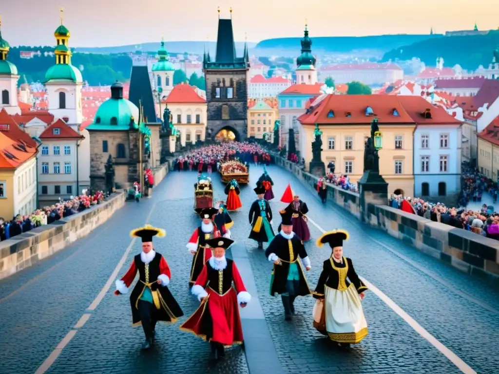 Vibrantes eventos culturales en el icónico Puente de Carlos de Praga, con trajes tradicionales y coloridas decoraciones