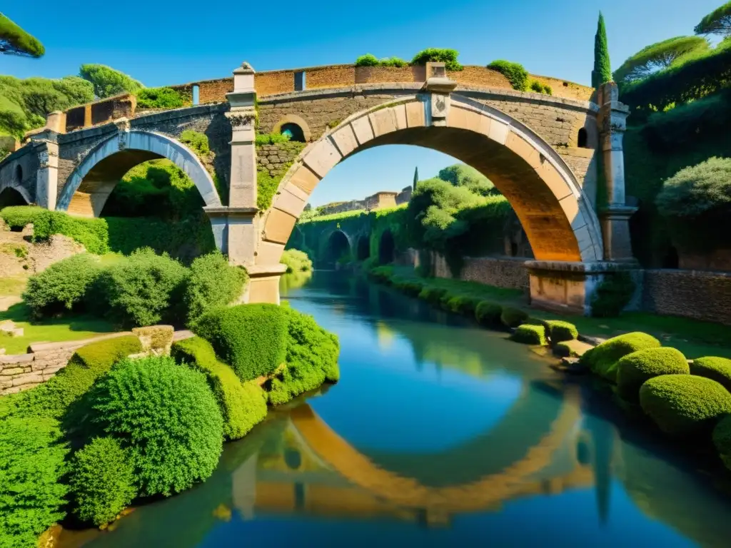 Viejo puente de piedra en Roma evoca la evolución de puentes a través del tiempo, con texturas envejecidas y musgo