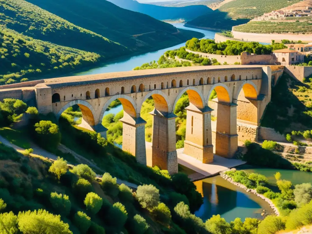 Viejo puente de Alcántara sobre el río Tajo, mostrando su arquitectura detallada y paisaje circundante en una imagen documental de alta resolución