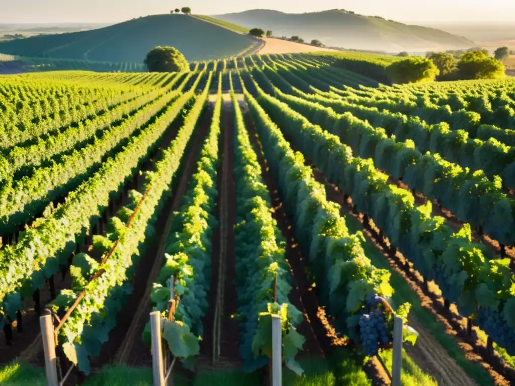 Un viñedo expansivo se extiende hacia el horizonte, con trabajadores cosechando uvas a mano