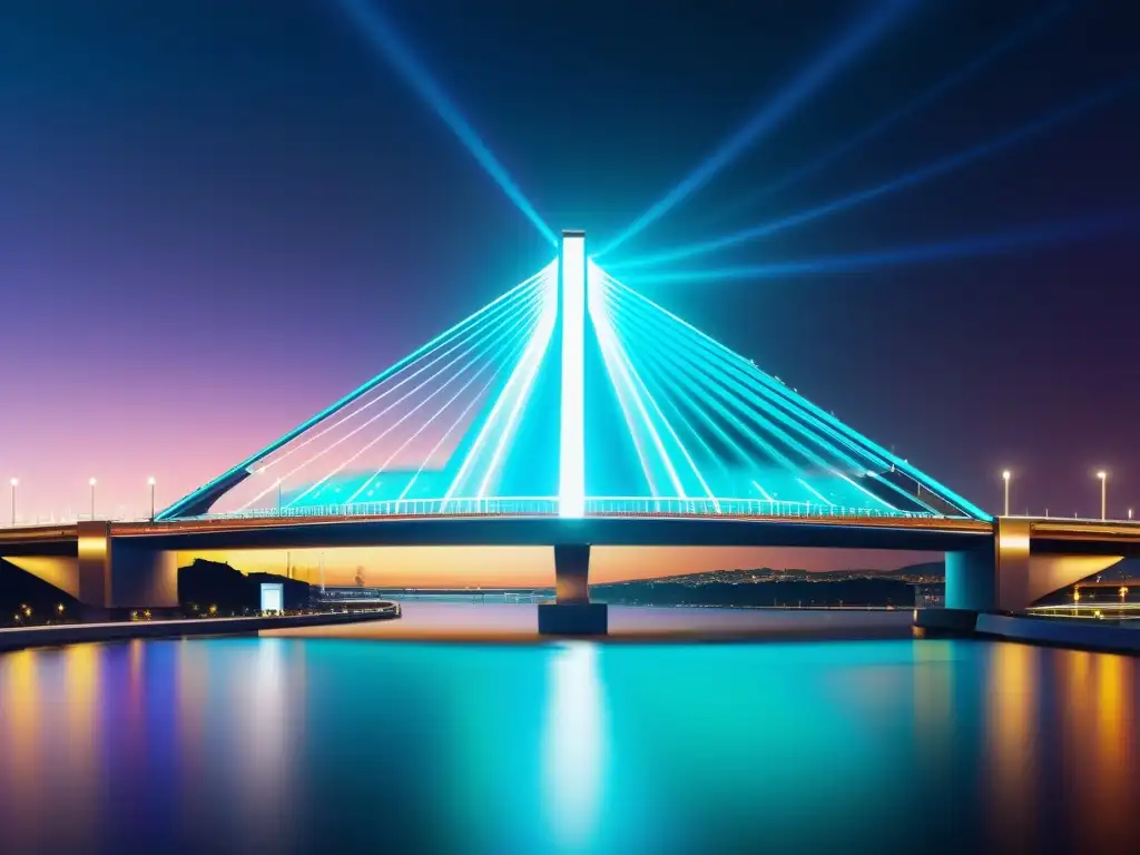 Una visión futurista de puentes icónicos con realidad aumentada, fusionando lo digital y lo físico en una exhibición innovadora de luces vibrantes