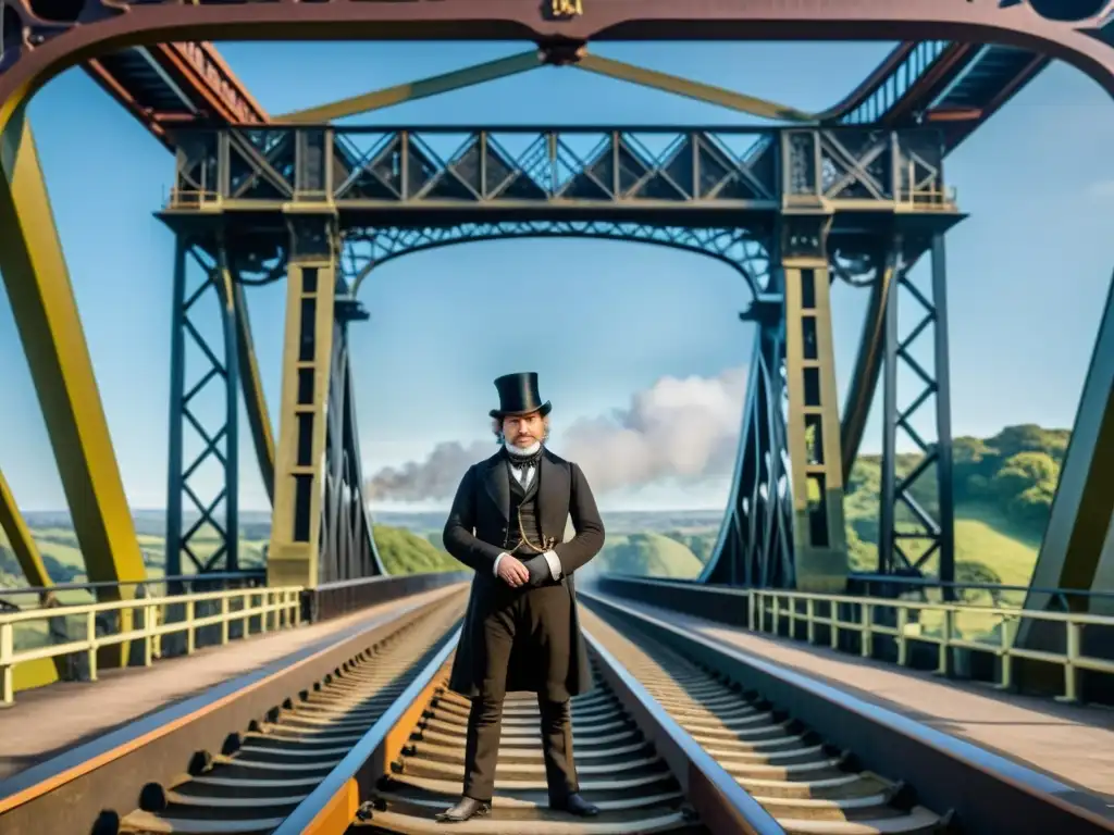 Isambard Kingdom Brunel, visionario constructor de puentes, posa heroico frente a su icónico puente de hierro y vapor