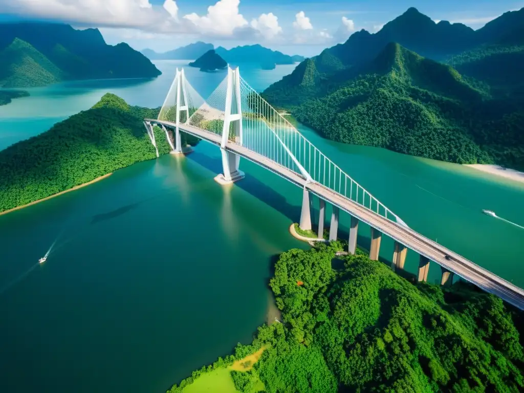 Vista 3D del impresionante puente Langkawi Sky con paisaje natural y mar de Andamán de fondo