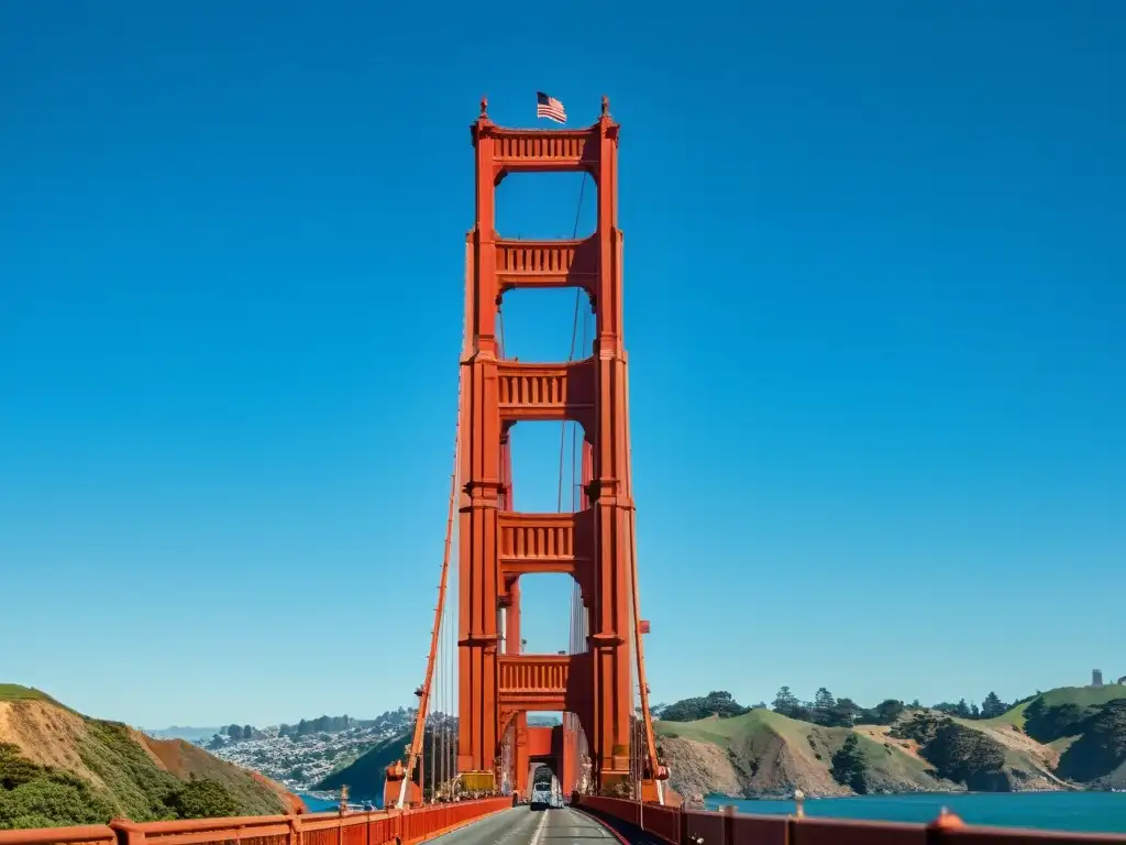 Vista 3D del majestuoso Puente de la Bahía de San Francisco, destacándose en un cielo azul claro, con su icónico color rojo contrastando bellamente