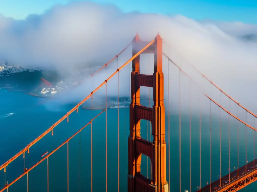 Vista aérea en alta resolución del Puente Golden Gate en San Francisco, envuelto en niebla, con la icónica silueta de la ciudad