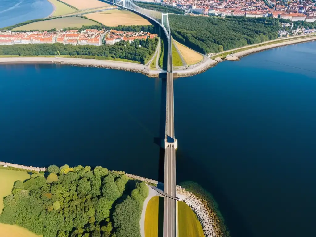 Vista aérea en alta resolución del Puente Oresund, fusionando arquitectura y entorno natural en una imagen de calidad