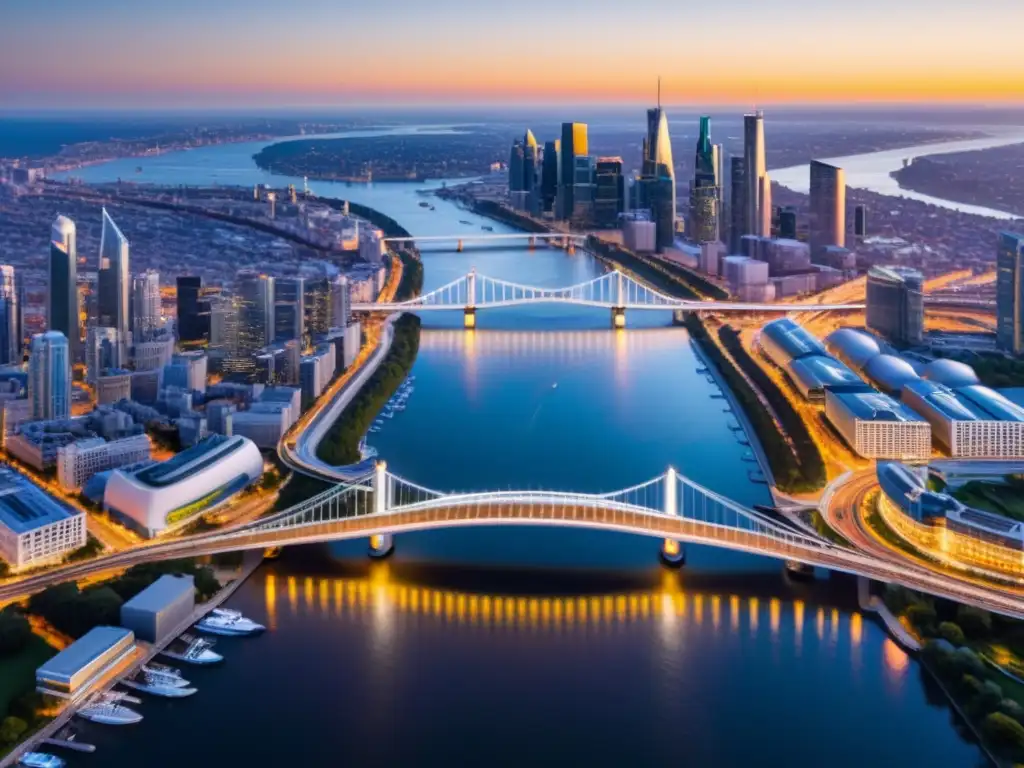 Vista aérea al amanecer de una ciudad moderna con puentes inteligentes impacto urbano, iluminados con luces LED, conectando la urbe futurista