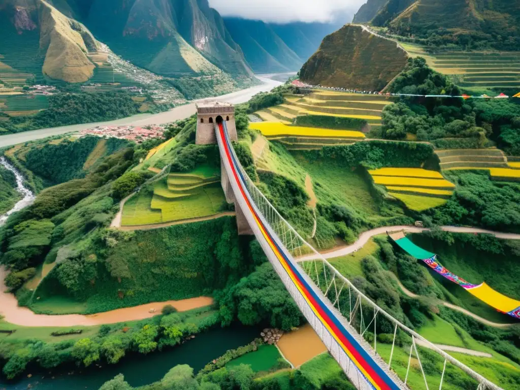 Vista aérea del ancestral puente colgante Q'eswachaka, enmarcado por la belleza natural de los Andes y el valle del río Apurímac