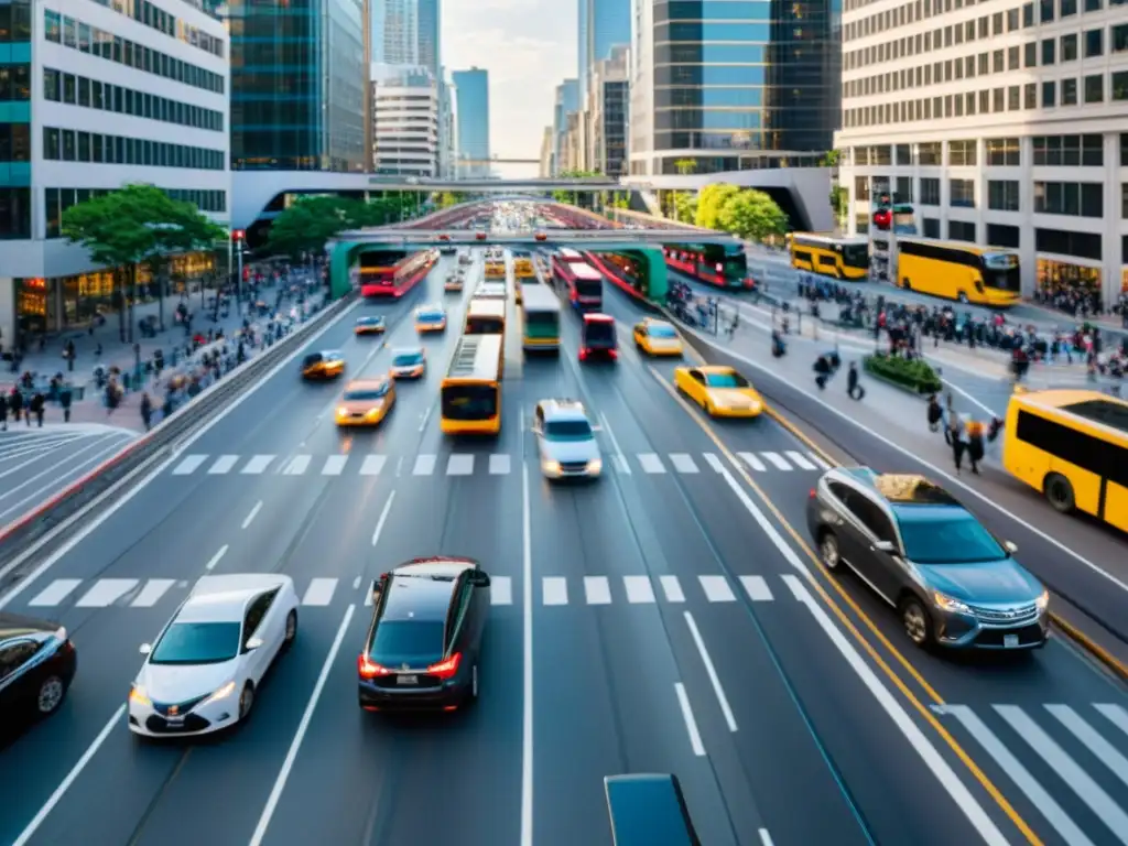 Vista aérea de una animada calle de la ciudad con tráfico y puentes, destacando el uso de aplicaciones de tráfico y la vitalidad urbana