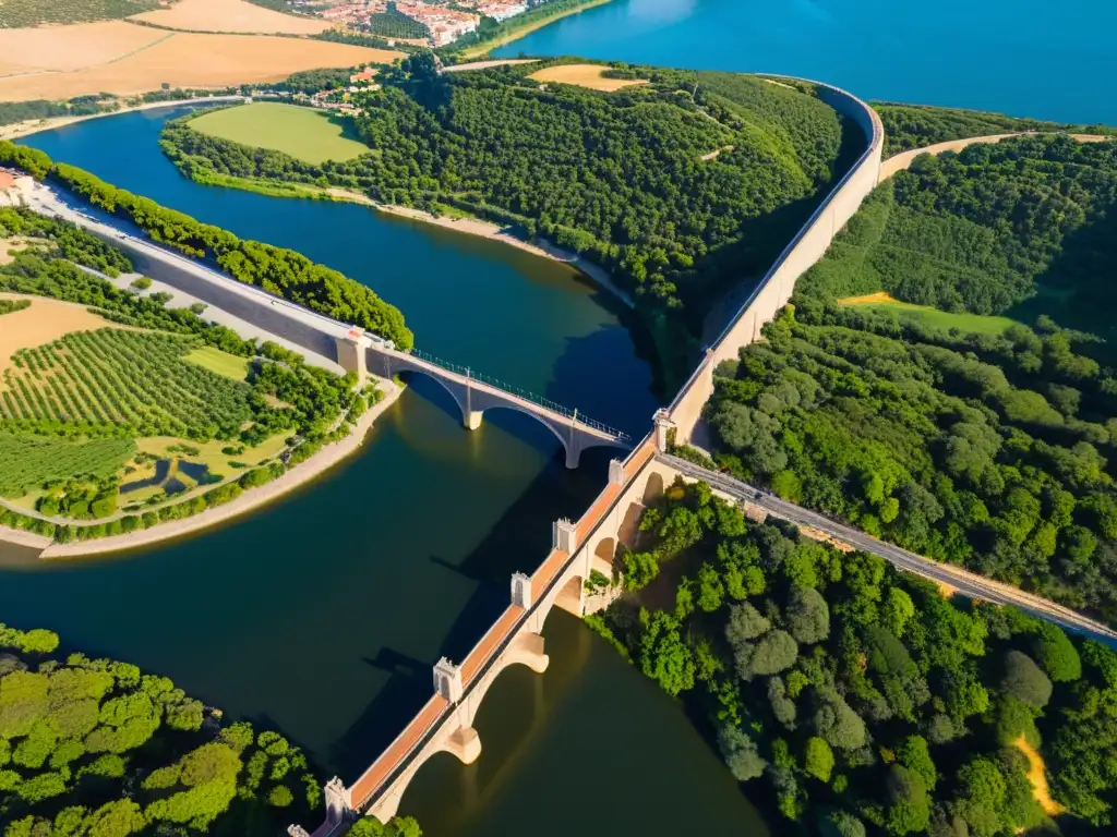 Vista aérea del antiguo Puente de Alcántara sobre el río Tajo, integrado en un paisaje natural con exuberante vegetación y el río serpenteante