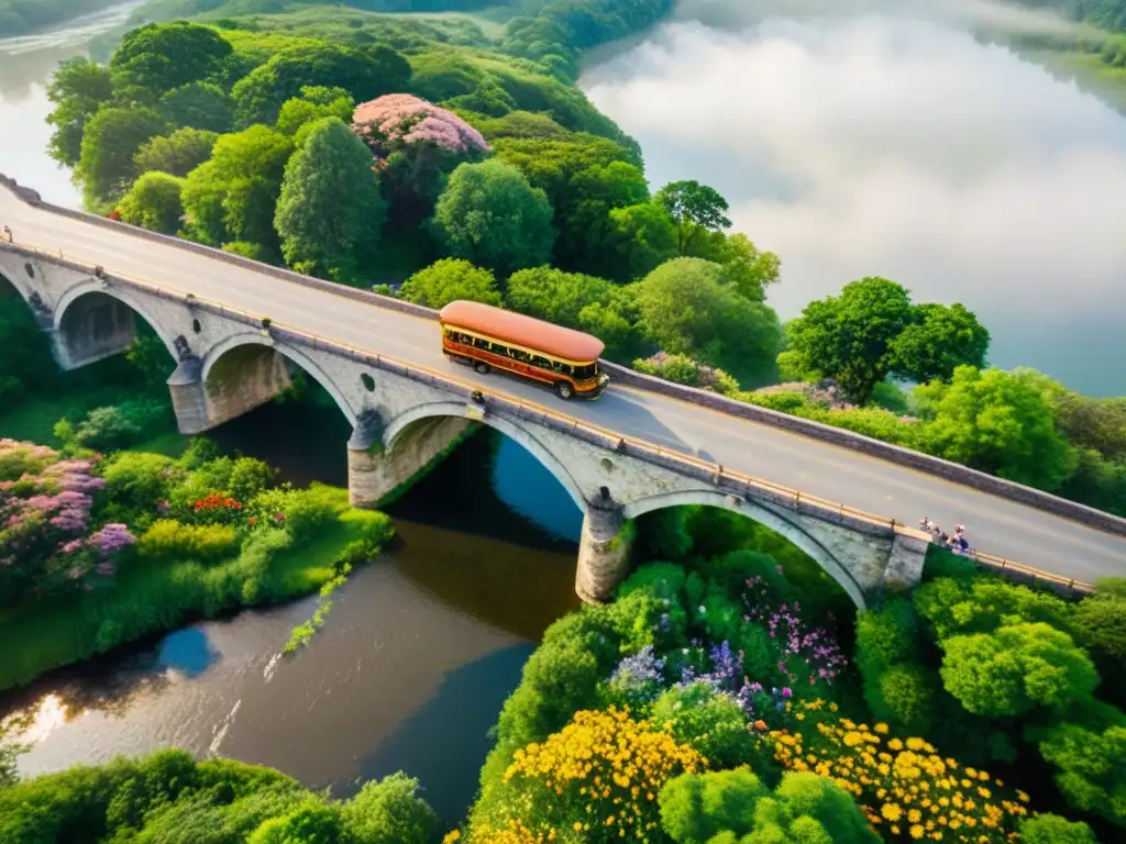 Vista aérea de un antiguo puente de piedra y la belleza natural que lo rodea