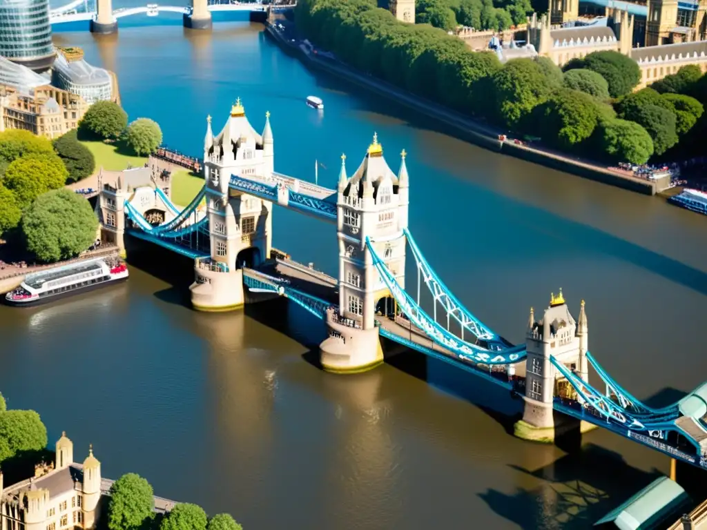 Vista aérea de la icónica arquitectura gótica del Puente de la Torre en Londres, conectando pasado y presente con su diseño victoriano y detalles ornamentales