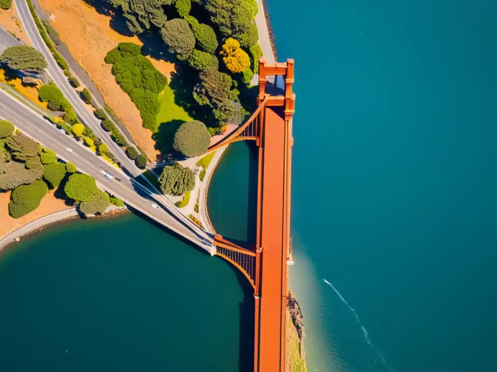 Vista aérea de la icónica arquitectura del Puente Golden Gate en San Francisco, resaltando su integración con el entorno natural y urbano