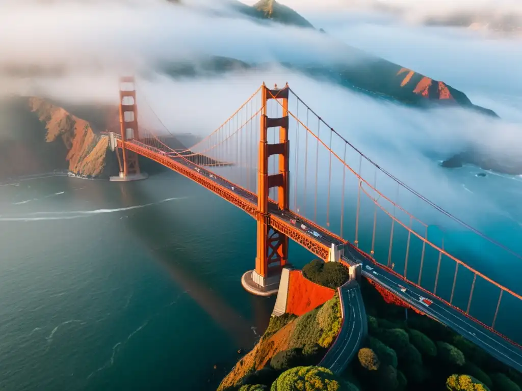 Vista aérea de la icónica Arquitectura de puentes icónicos del Puente Golden Gate entre la niebla matutina de San Francisco