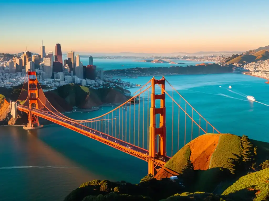 Vista aérea del Puente Golden Gate al atardecer, bañado en luz dorada