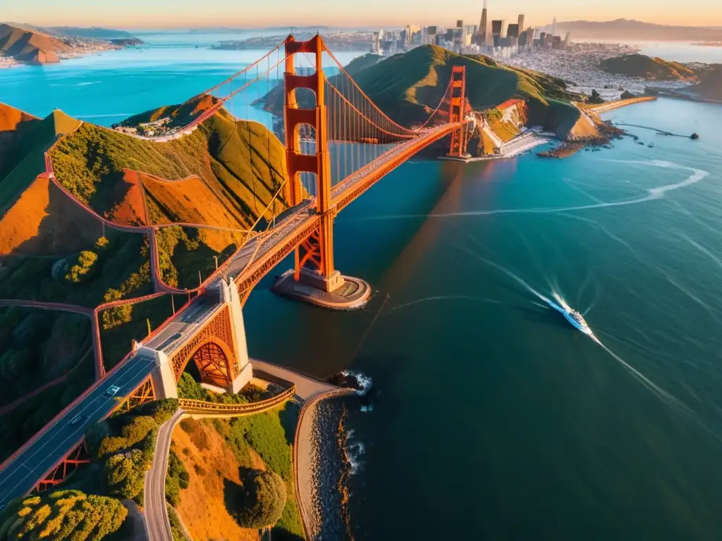 Vista aérea del Puente Golden Gate al atardecer, con detalles monumentales y una impresionante historia