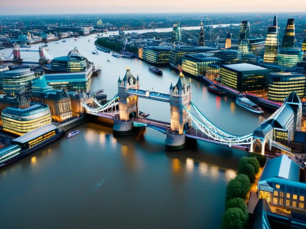 Vista aérea de Tower Bridge en Londres al atardecer, con sus icónicas torres góticas y el río Támesis fluyendo