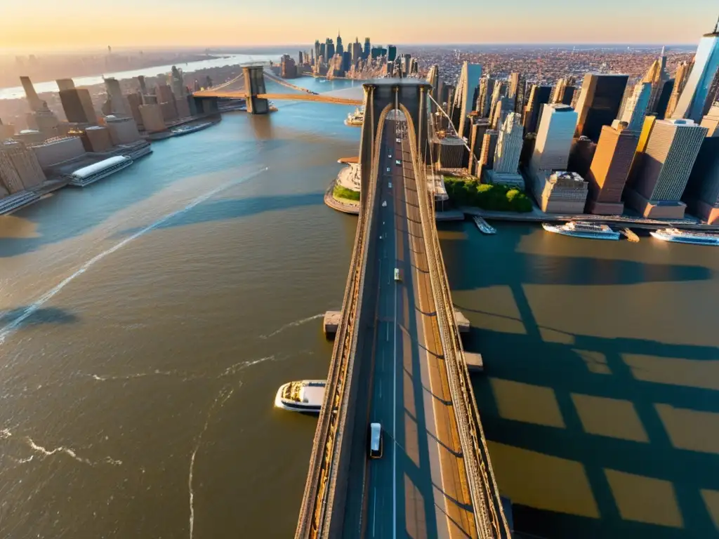 Vista aérea al atardecer del Puente de Brooklyn en 8k