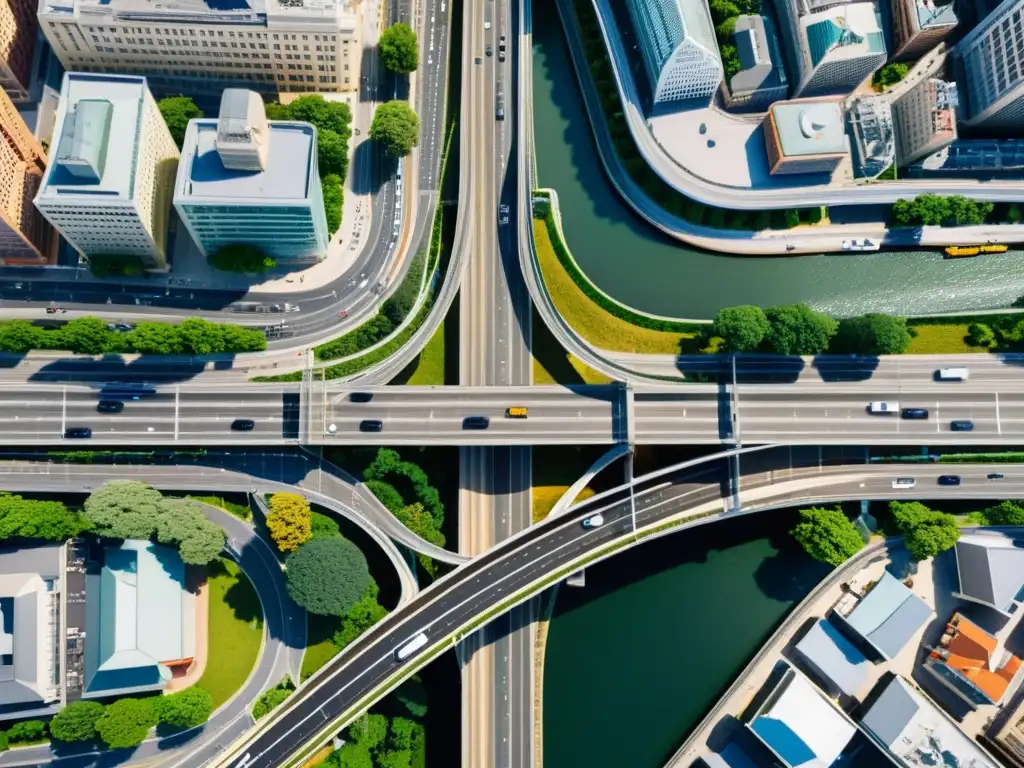 Vista aérea de una bulliciosa área urbana con puentes y carreteras, resaltando la complejidad de la optimización de puentes con Big Data