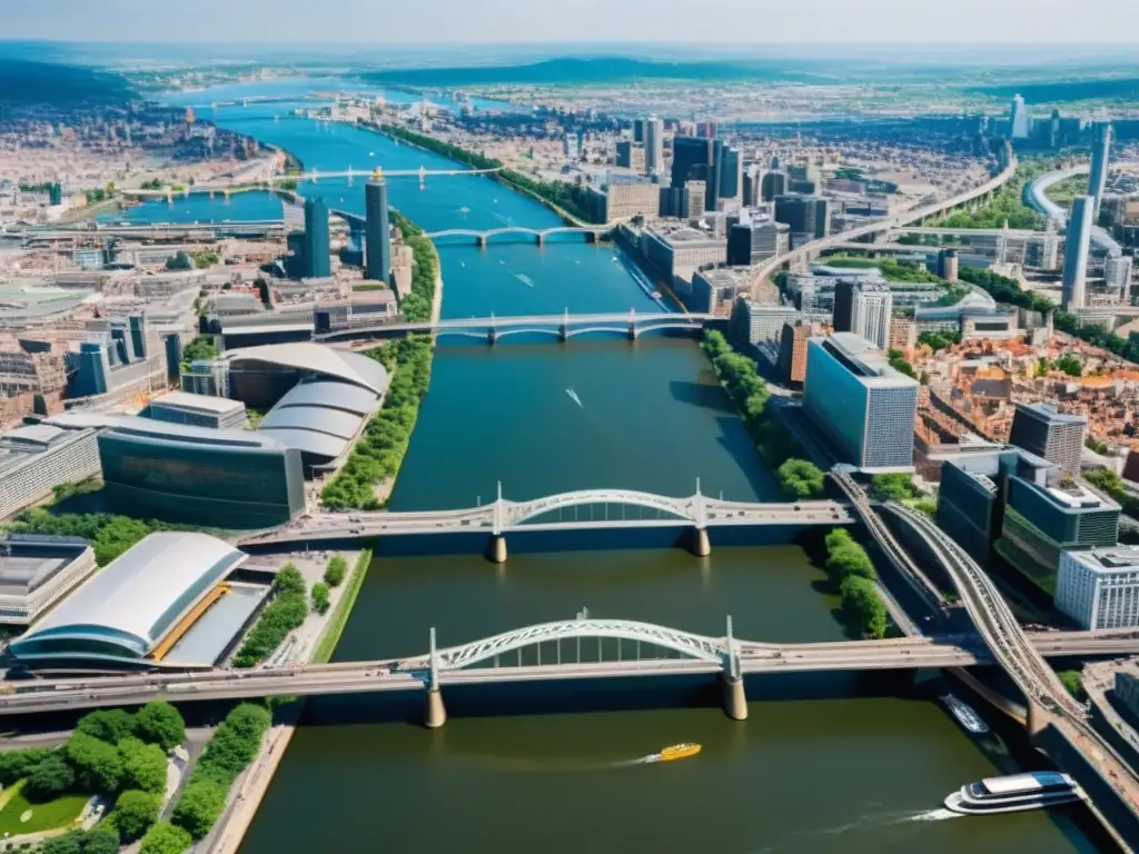 Vista aérea de una bulliciosa ciudad con impacto cultural, puentes arquitectónicos y sociedad vibrante