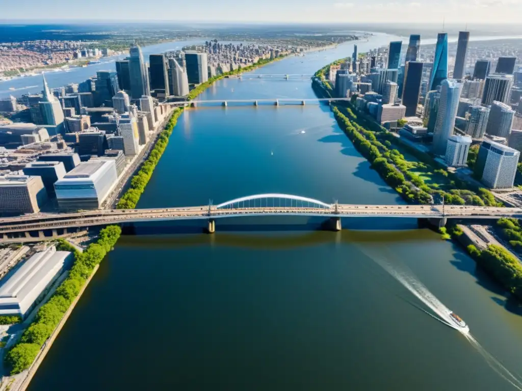 Vista aérea de una bulliciosa ciudad con puentes, reflejos de luz y un paisaje urbano dinámico