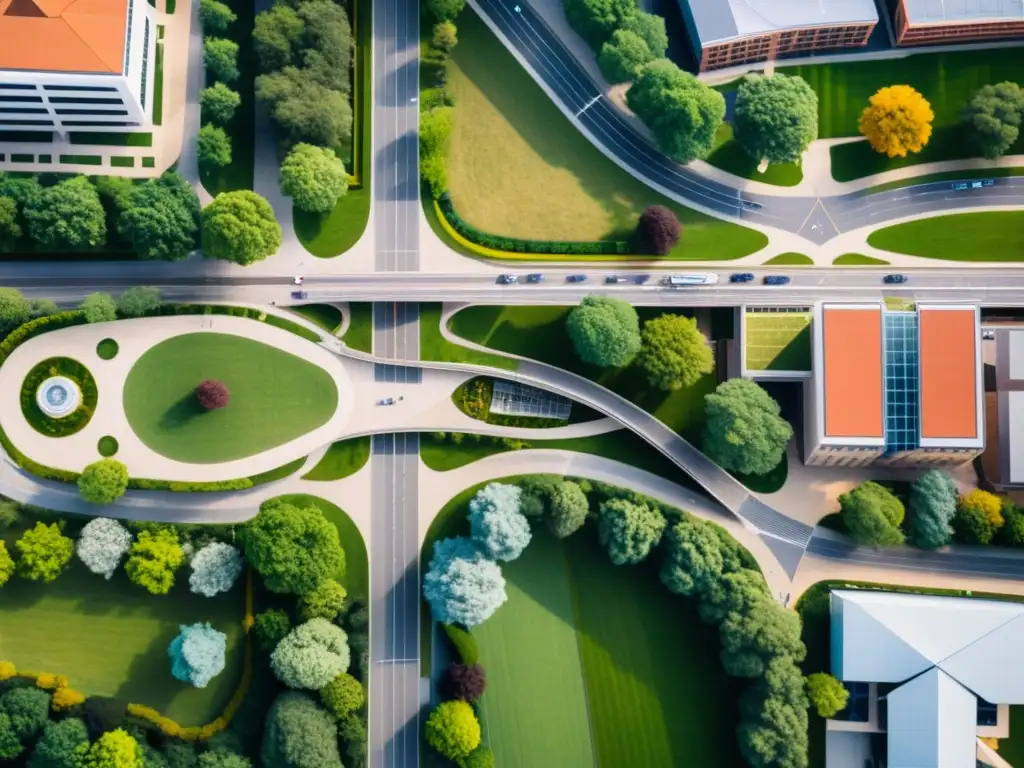 Vista aérea de un campus universitario con estudiantes y profesores en actividades de ingeniería civil, con puentes icónicos del mundo de fondo