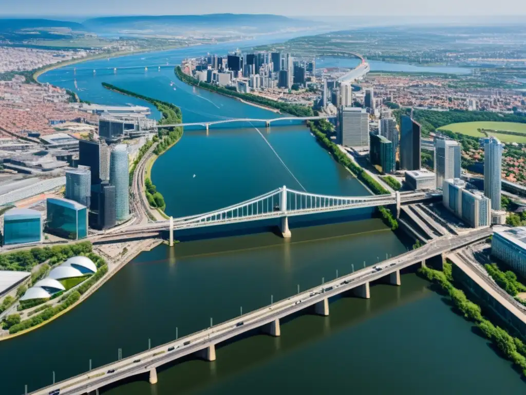 Vista aérea de una ciudad bulliciosa con un impresionante puente icónico que muestra el impacto económico de puentes icónicos