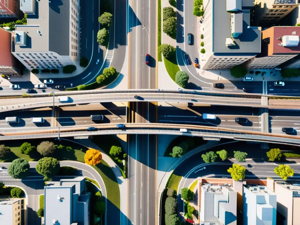 Vista aérea de una ciudad bulliciosa con tráfico intenso y uso eficiente de puentes