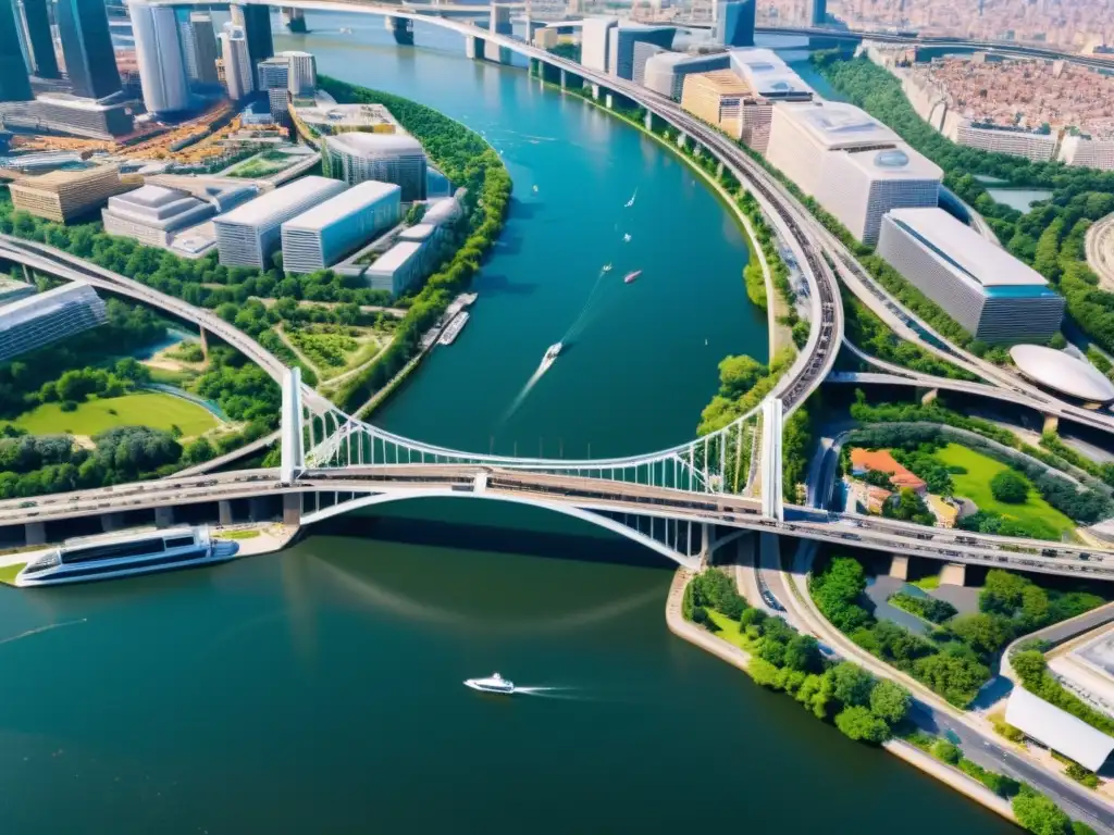 Vista aérea de una ciudad inteligente con puentes conectando, resaltando la importancia de puentes en ciudades inteligentes