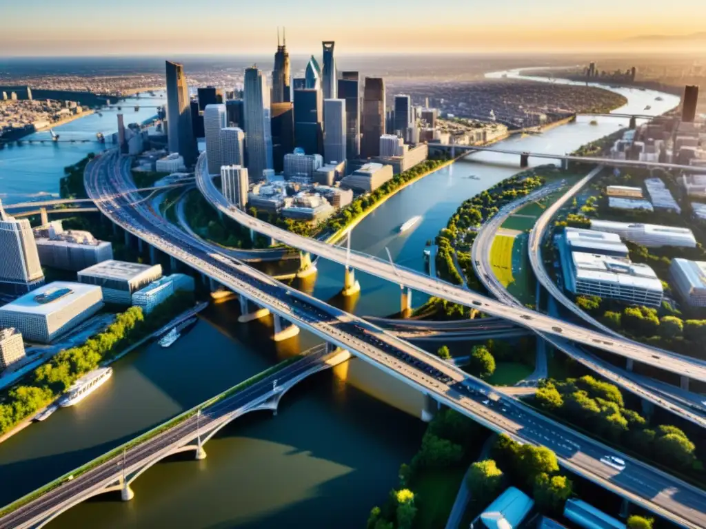 Vista aérea de ciudad moderna con red de puentes y carreteras, resaltando la importancia de puentes en ciudades inteligentes