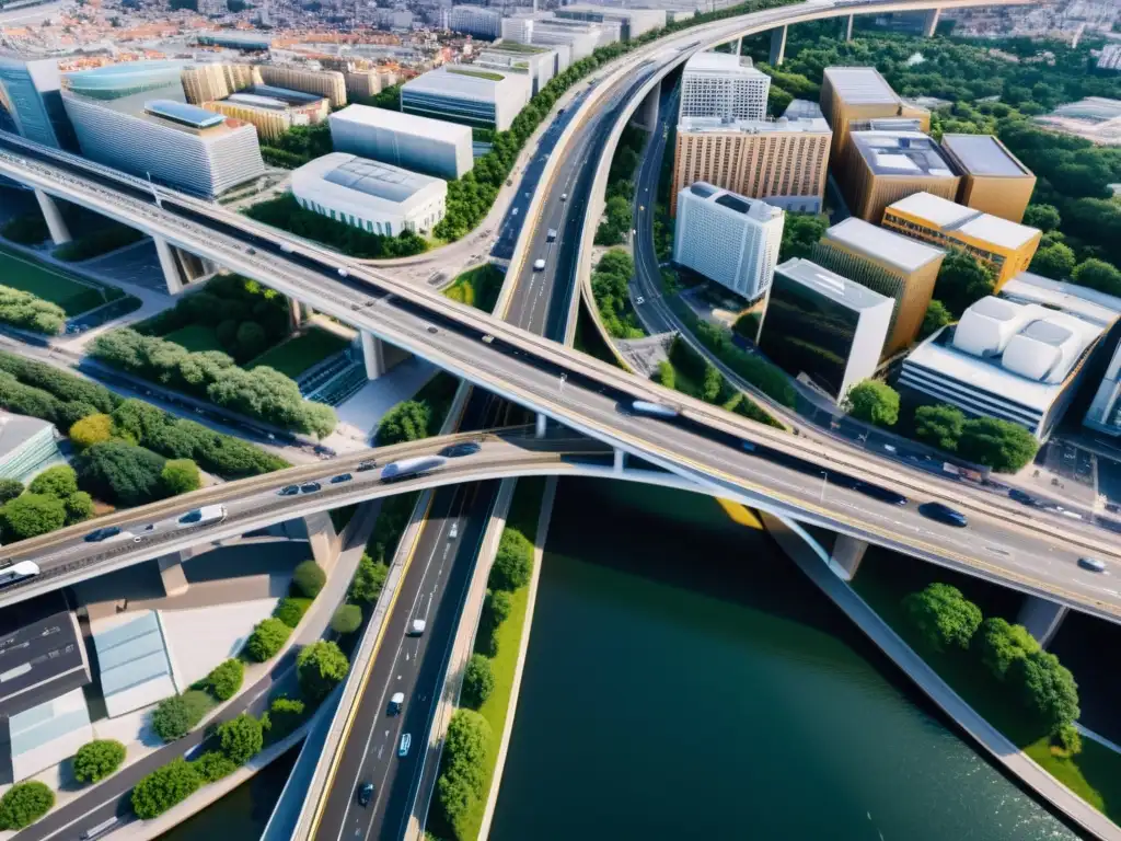 Vista aérea de una ciudad moderna con puentes adornados con sensores, ilustrando la integración de tecnología en ciudades inteligentes