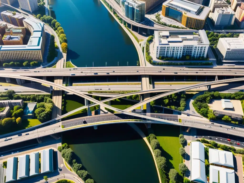 Vista aérea de una ciudad moderna con puentes e infraestructura vial, resaltando la importancia de puentes en ciudades inteligentes