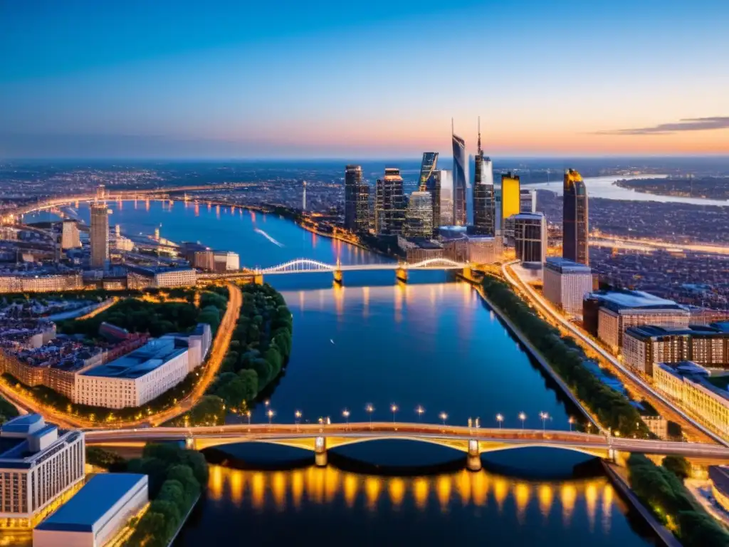 Vista aérea de una ciudad moderna con puentes interconectados sobre un río, iluminados por la cálida luz de los faroles