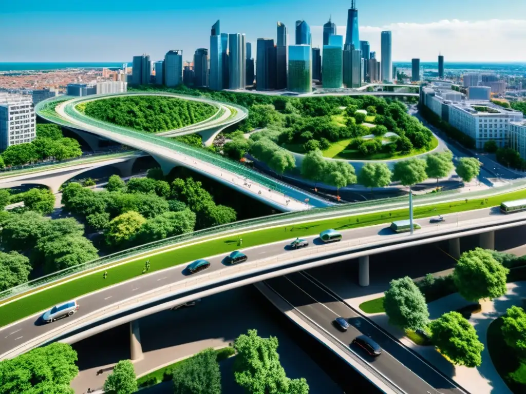 Vista aérea de una ciudad moderna con puentes peatonales y ciclovías sostenibles integrados en la red urbana