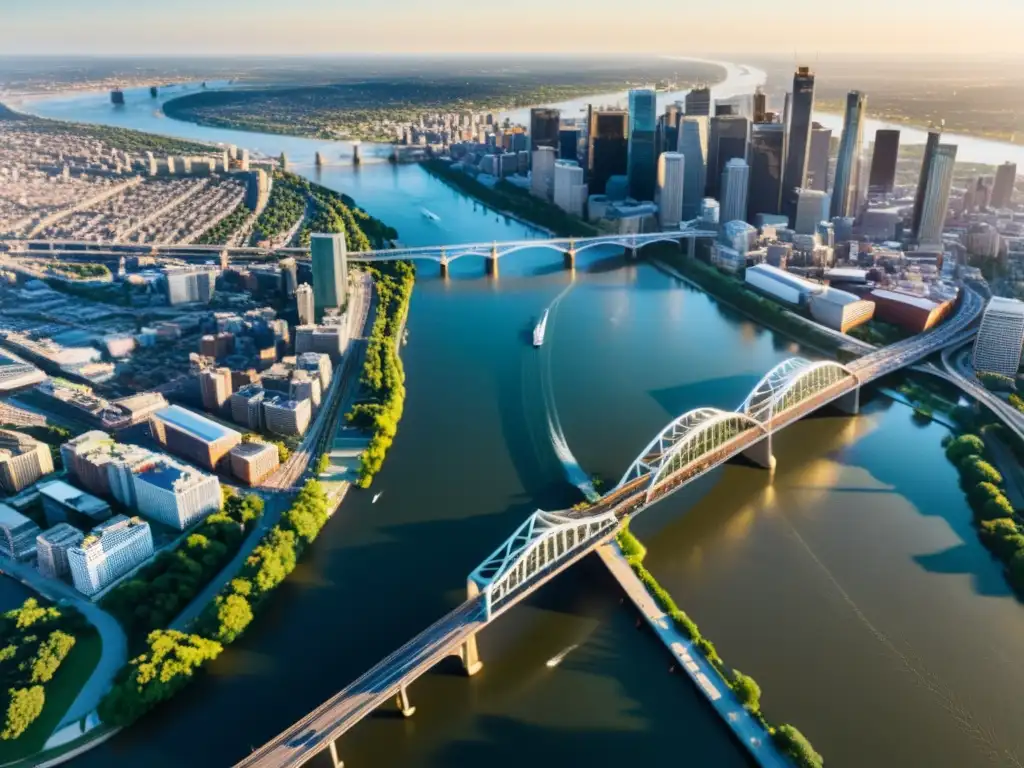 Vista aérea de una ciudad con un puente icónico sobre un río, resaltando el impacto económico de puentes icónicos en el entorno urbano