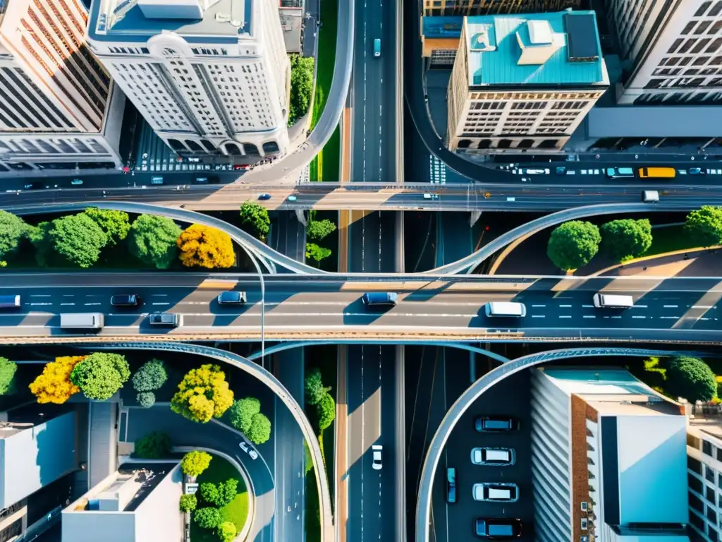 Vista aérea de la ciudad con puentes y tráfico, resaltando la vital optimización de puentes con Big Data