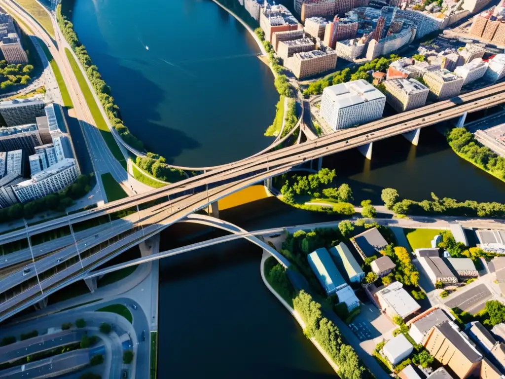 Vista aérea de la ciudad con puentes como centros de datos, conectando distritos urbanos