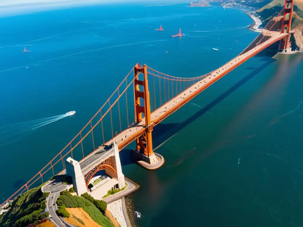 Vista aérea de Puente Golden Gate en San Francisco, resaltando su color rojo anaranjado icónico sobre el océano azul