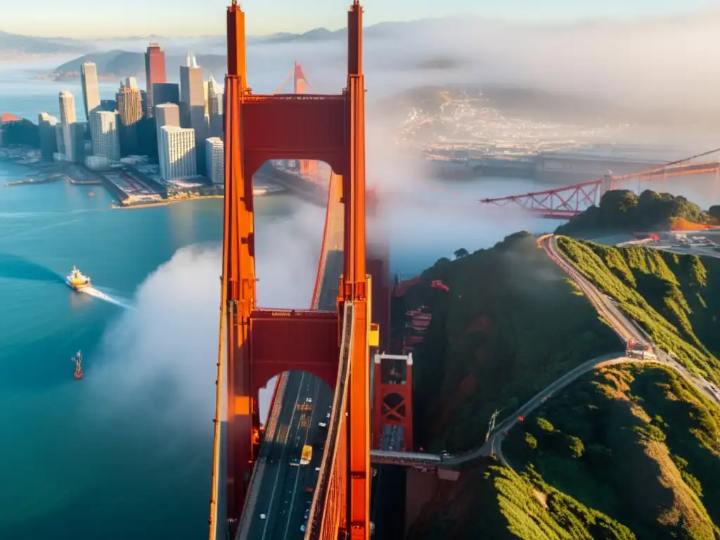 Vista aérea de la construcción del icónico Puente Golden Gate, con obreros, grúas y la neblinosa ciudad de San Francisco al fondo