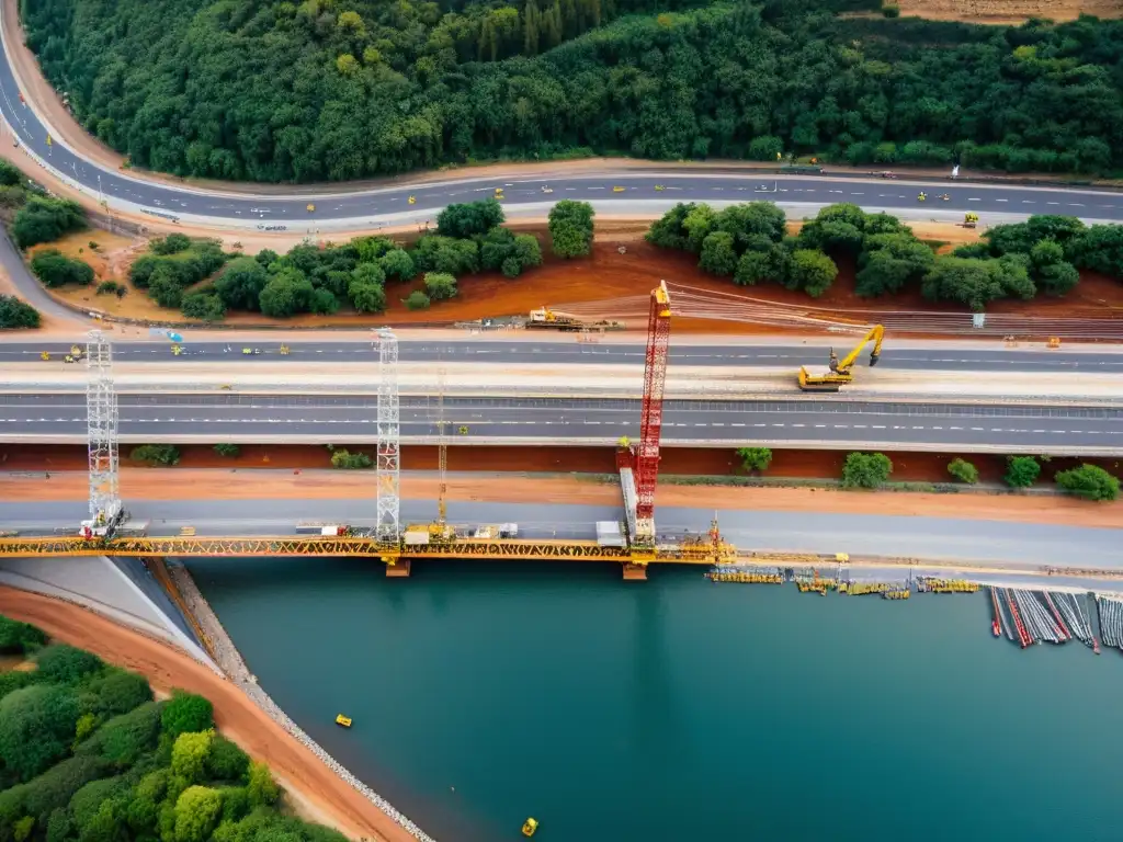 Vista aérea de la construcción del Puente de Chacao en Chile, mostrando la magnitud y complejidad de la obra