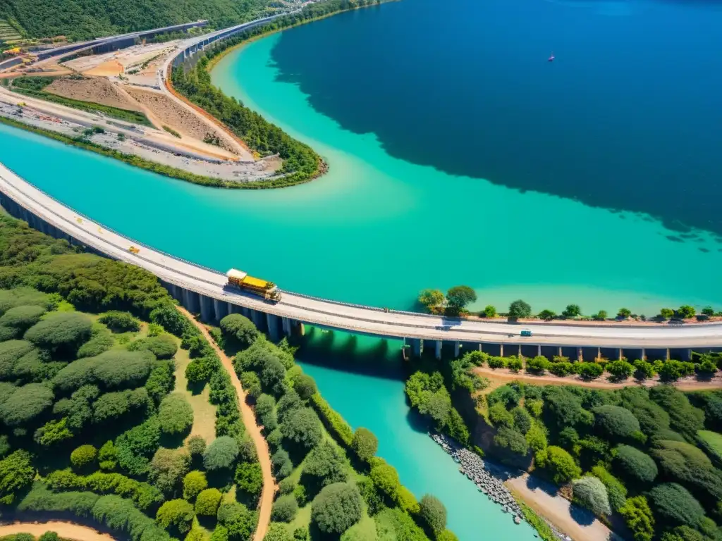 Vista aérea de la construcción del Puente de Chacao en Chile, muestra el impacto de la construcción puente Chacao Chile en el entorno natural