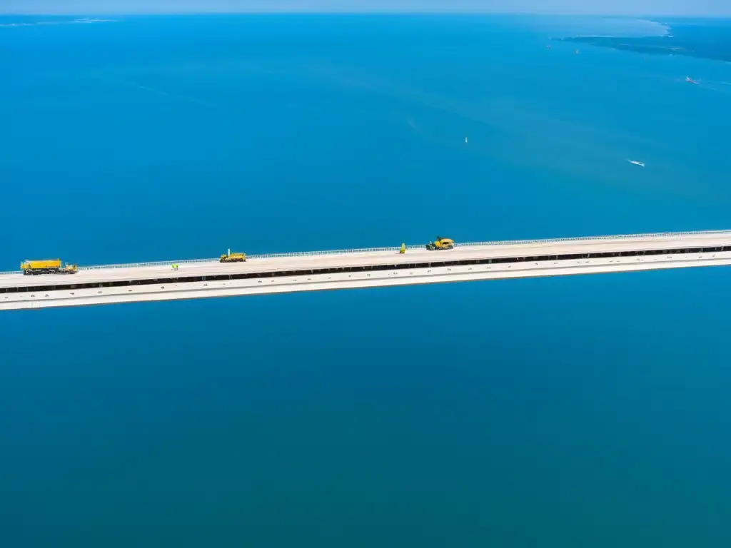 Vista aérea de la construcción del Puente Bahía Chesapeake con trabajadores ensamblando vigas de acero, mostrando la ingeniería y la complejidad de la obra